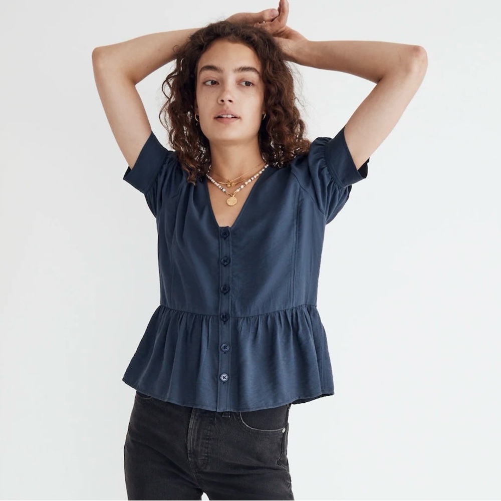 Madewell Drapeweave Puff-Sleeve Top / 2X / DARK BALTIC